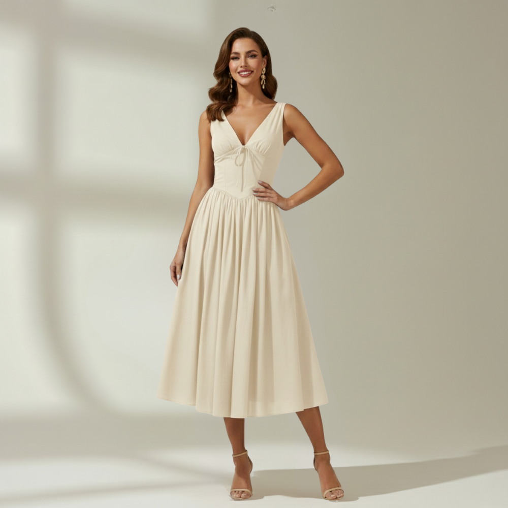 Damen Midikleid mit tiefem V-Ausschnitt und ärmellosem Oberteil