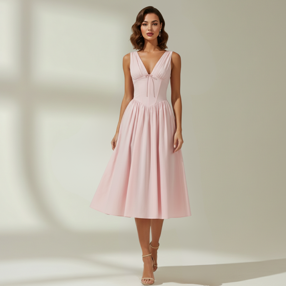 Damen Midikleid mit tiefem V-Ausschnitt und ärmellosem Oberteil