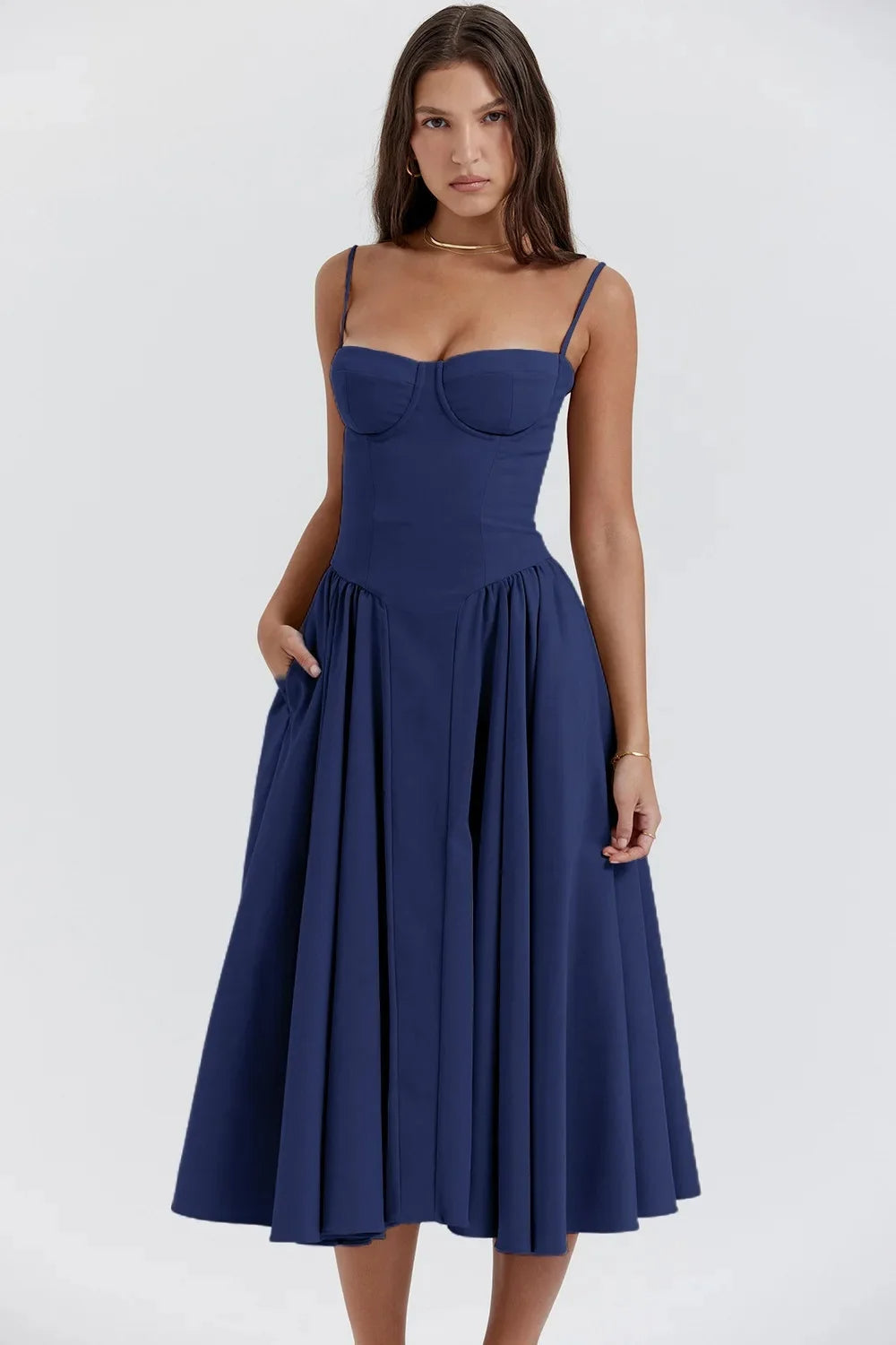 Damen Midikleid mit Trägern und strukturiertem Oberteil