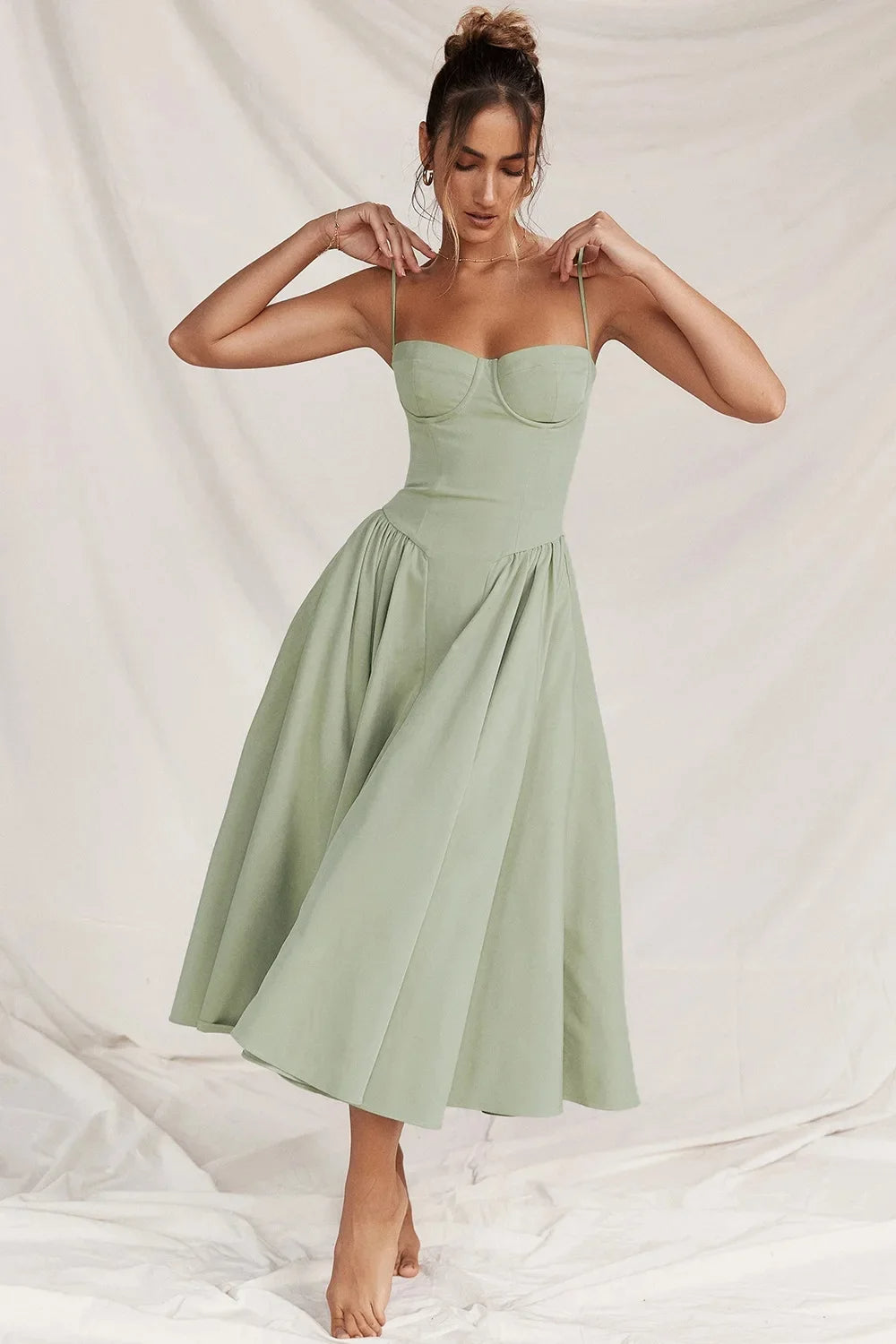 Damen Midikleid mit Trägern und strukturiertem Oberteil