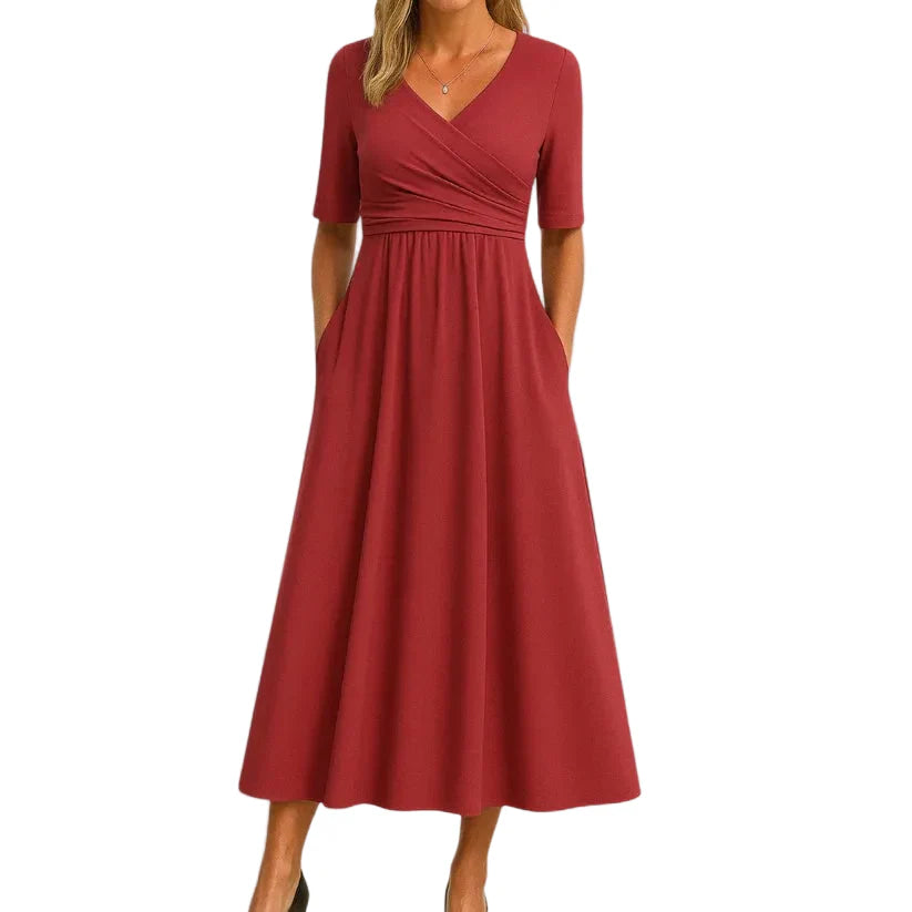 Damen-Midikleid mit Wickeloberteil und kurzen Ärmeln