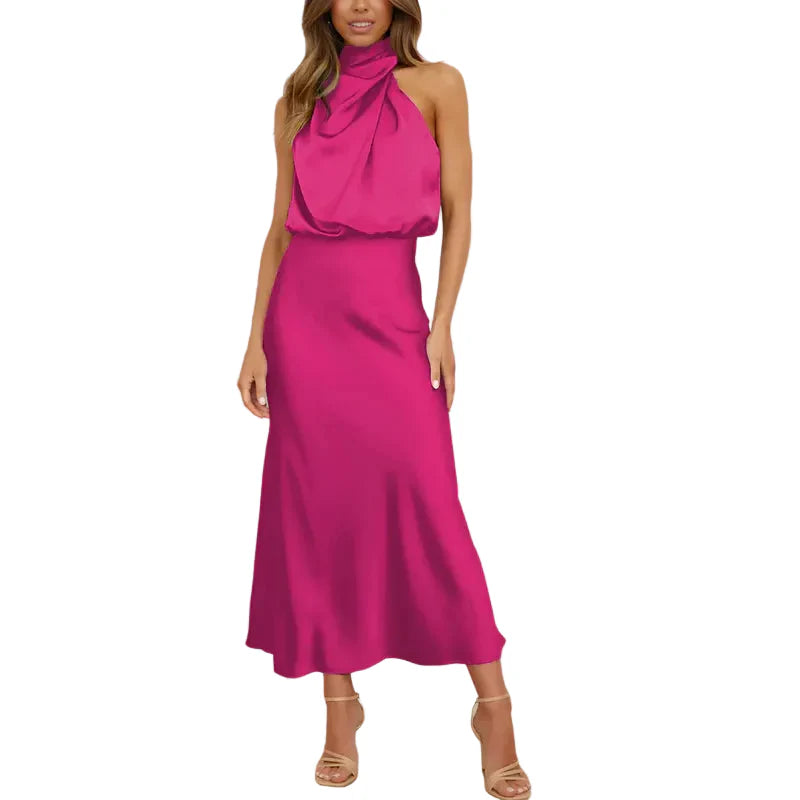 Damen Midikleid ohne Ärmel mit drapiertem Stehkragen