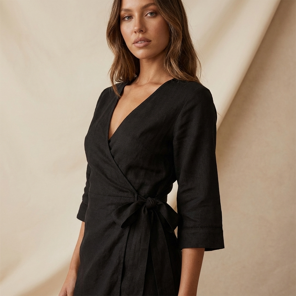 Damen Minikleid mit kurzen Ärmeln, Wickeloptik, V-Ausschnitt und seitlicher Bindung