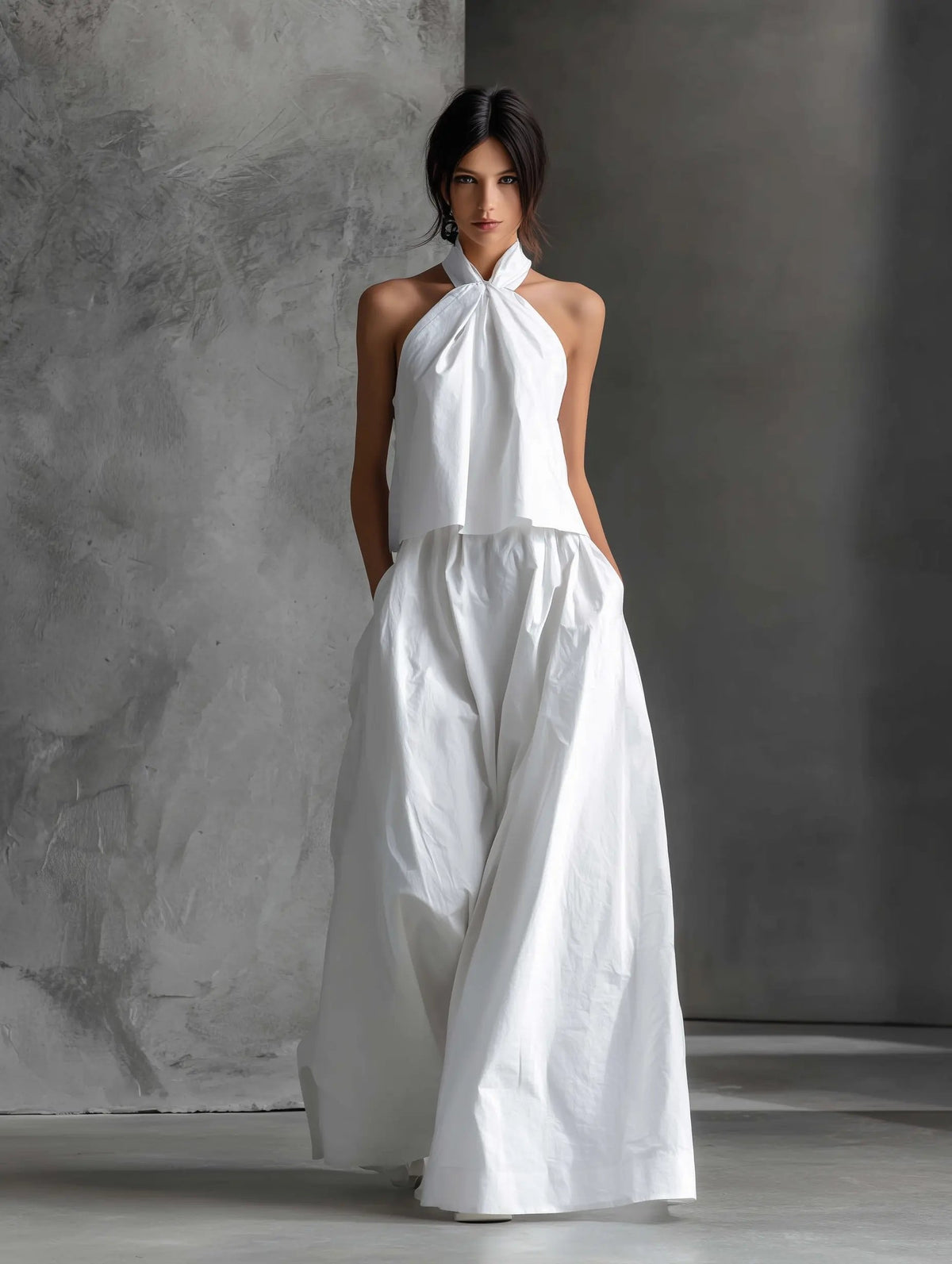 Hannah | Damen Neckholder Linen Top Rock Set Ärmellos