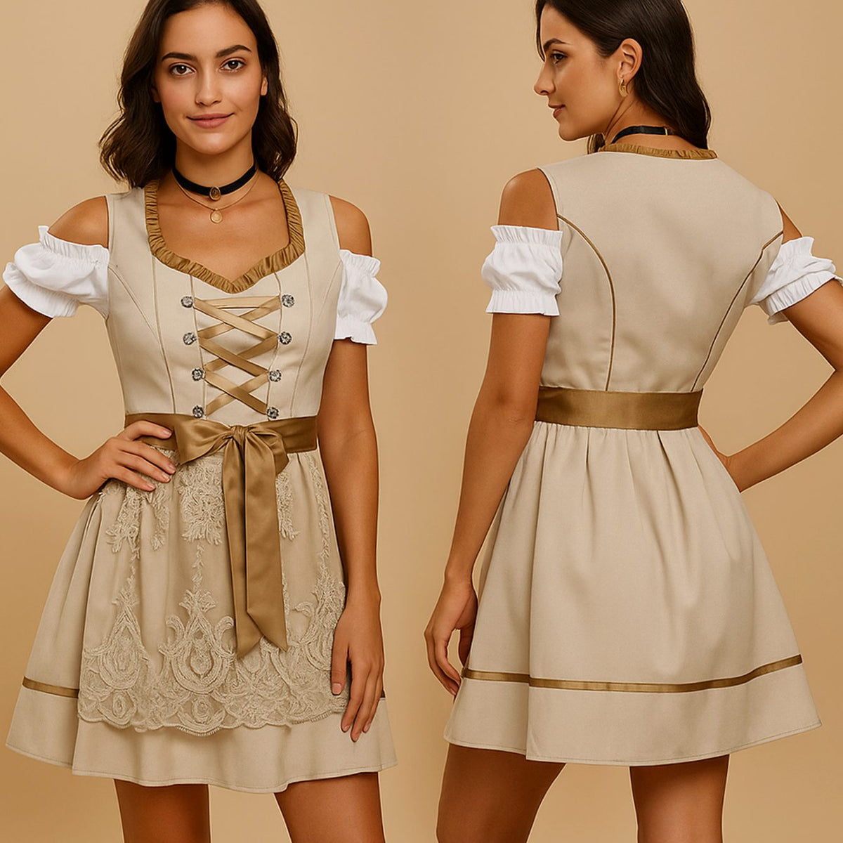 Greta | Damen Oktoberfest Dirndl Kleid mit Spitzendetails Schnürung Schleife