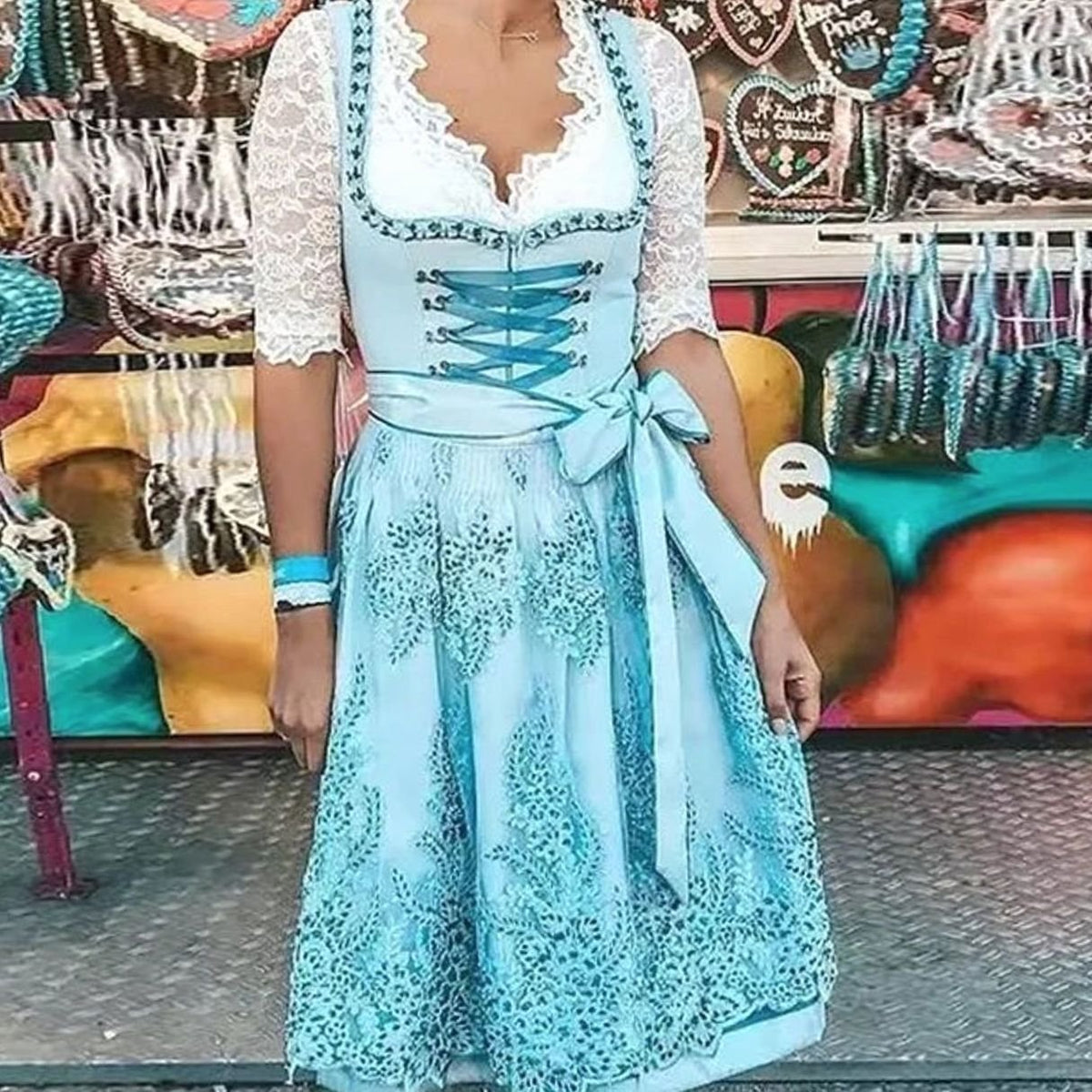 Annika | Damen Oktoberfest Dirndl Spitzen-Midi-Kleid mit Schnürung