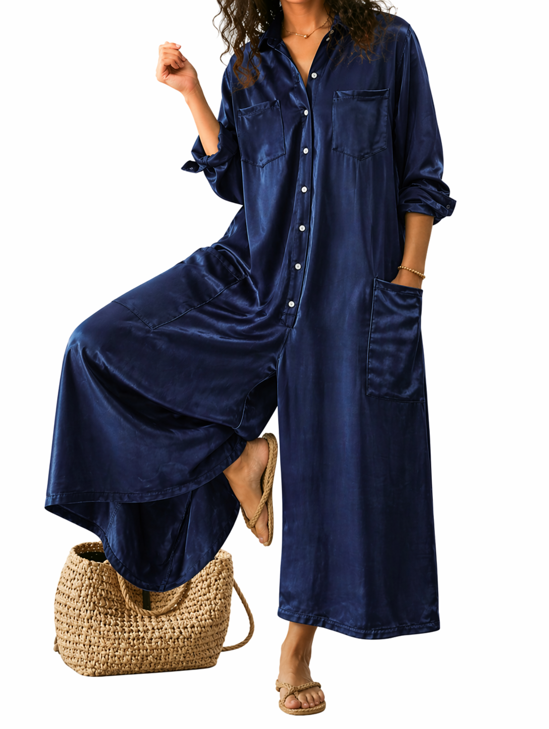 Damen Overall mit weitem Bein und Knopfleiste