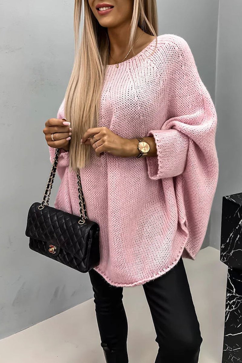 Greta | Damen Oversize Rundhals Knit Sweater mit Fledermausärmeln