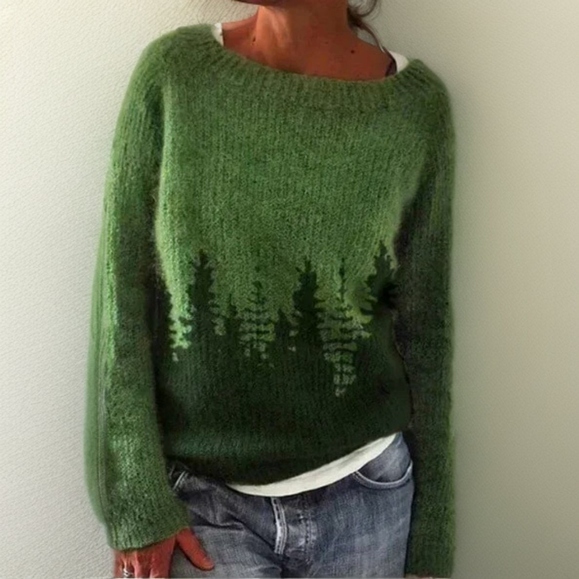 Emilia | Damen Oversize Rundhals Knit Sweater mit Tannenbaum-Muster