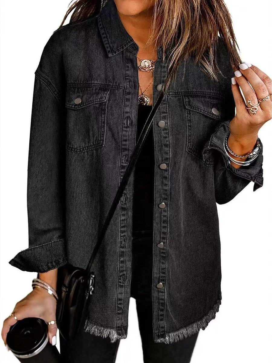 Elfriede | Damen Oversized Jeansjacke Langarm mit Knopfleiste Fransen-Saum
