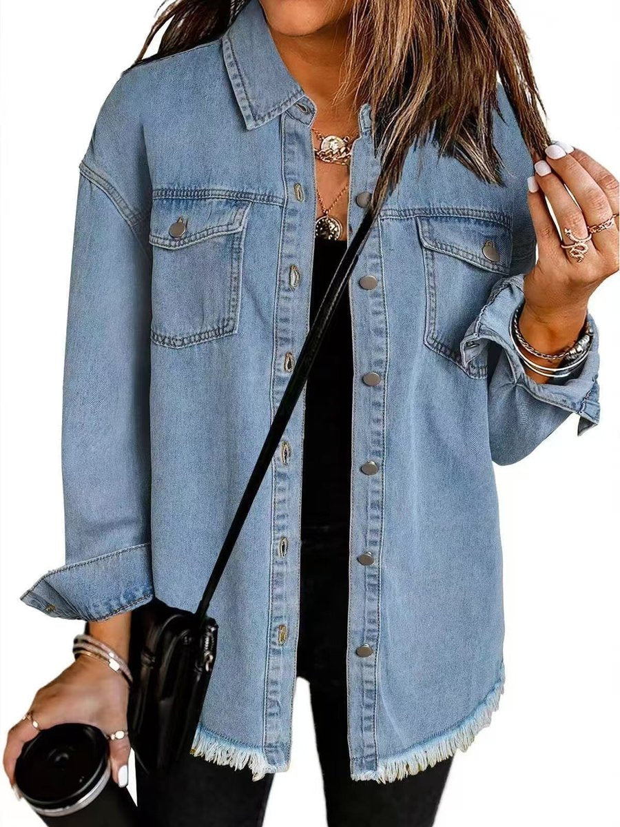 Elfriede | Damen Oversized Jeansjacke Langarm mit Knopfleiste Fransen-Saum
