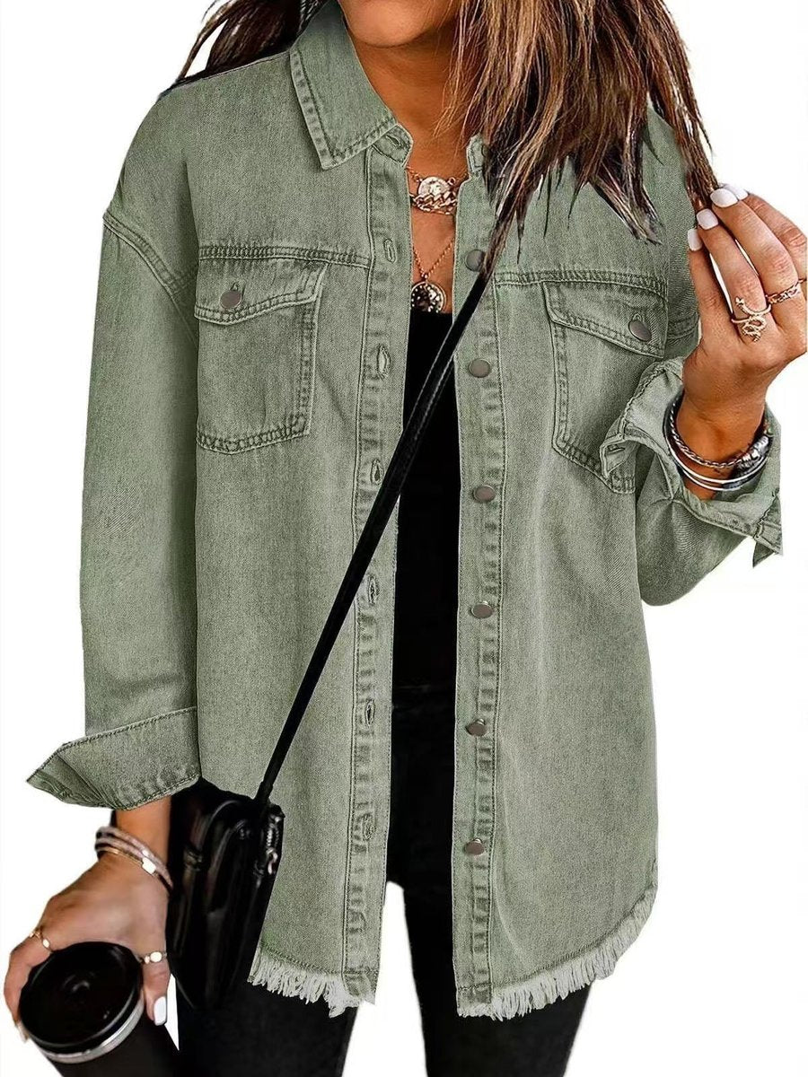 Elfriede | Damen Oversized Jeansjacke Langarm mit Knopfleiste Fransen-Saum