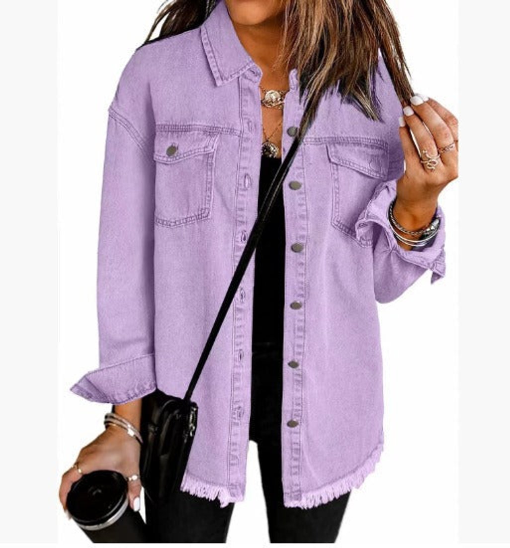 Elfriede | Damen Oversized Jeansjacke Langarm mit Knopfleiste Fransen-Saum