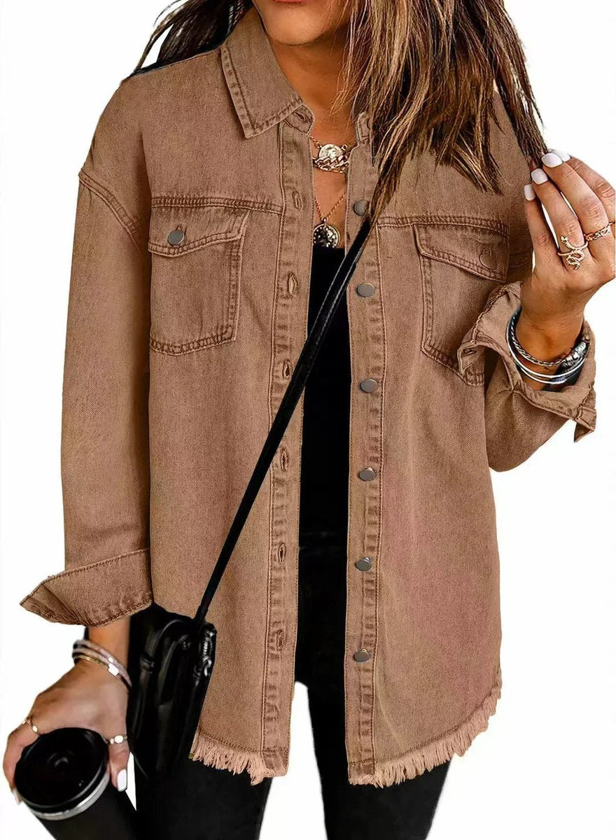 Elfriede | Damen Oversized Jeansjacke Langarm mit Knopfleiste Fransen-Saum