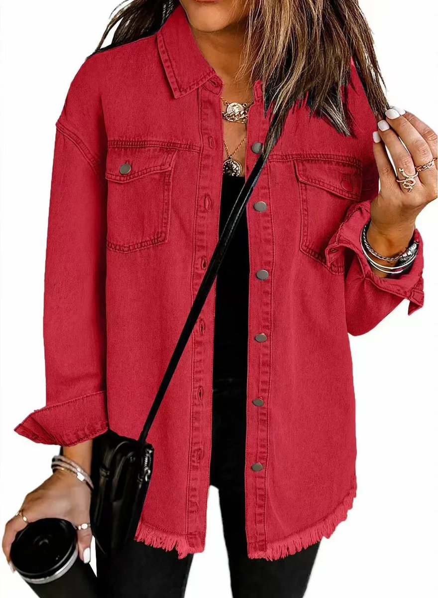 Elfriede | Damen Oversized Jeansjacke Langarm mit Knopfleiste Fransen-Saum