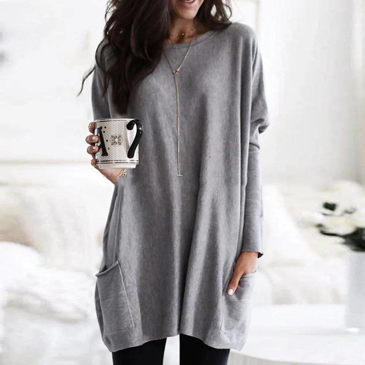 Amelie | Damen Oversized Langarm Tunika mit Taschen Rundhals Pullover