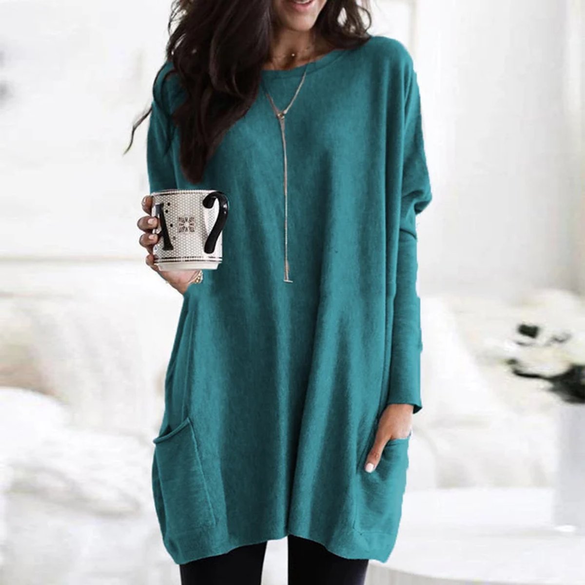 Amelie | Damen Oversized Langarm Tunika mit Taschen Rundhals Pullover