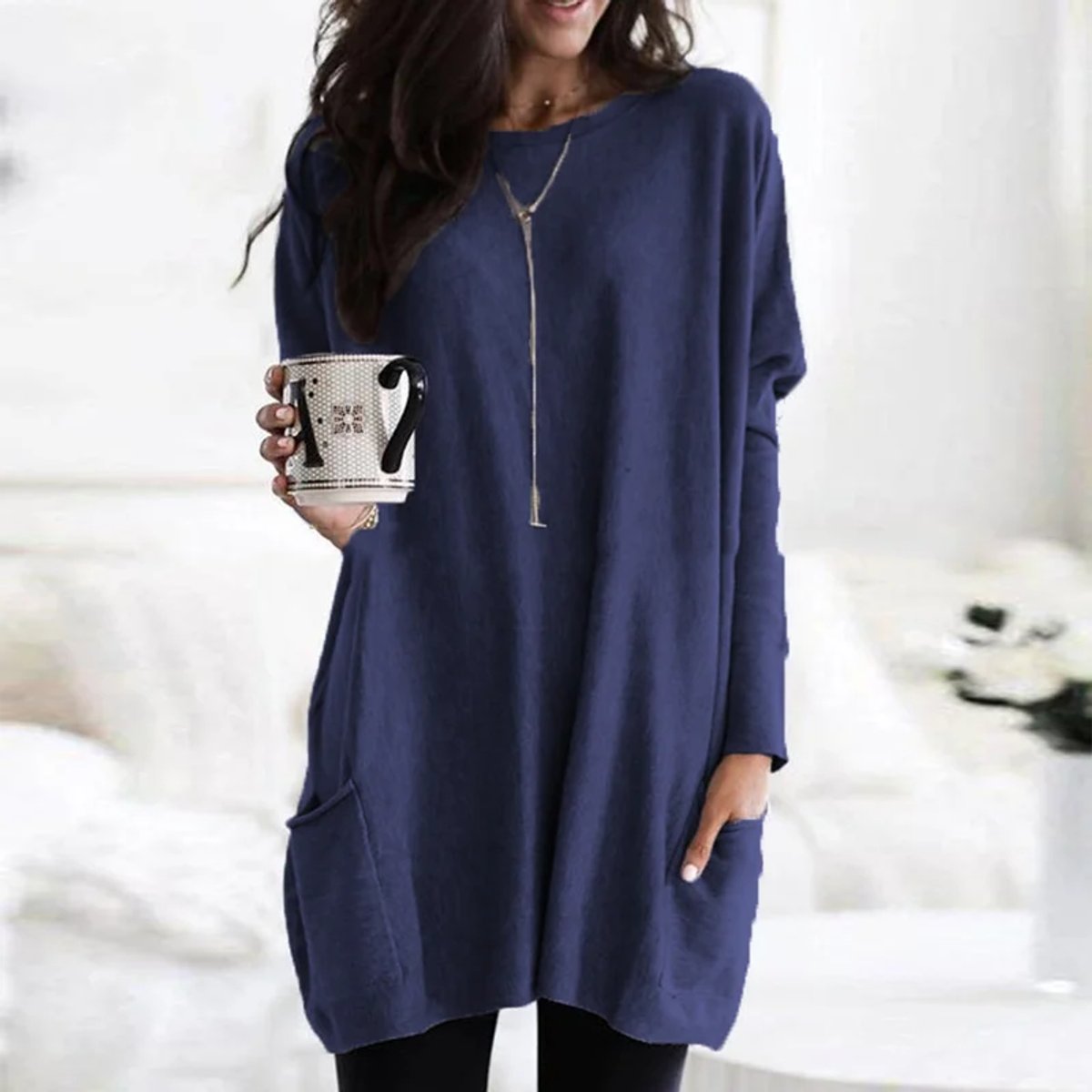 Amelie | Damen Oversized Langarm Tunika mit Taschen Rundhals Pullover