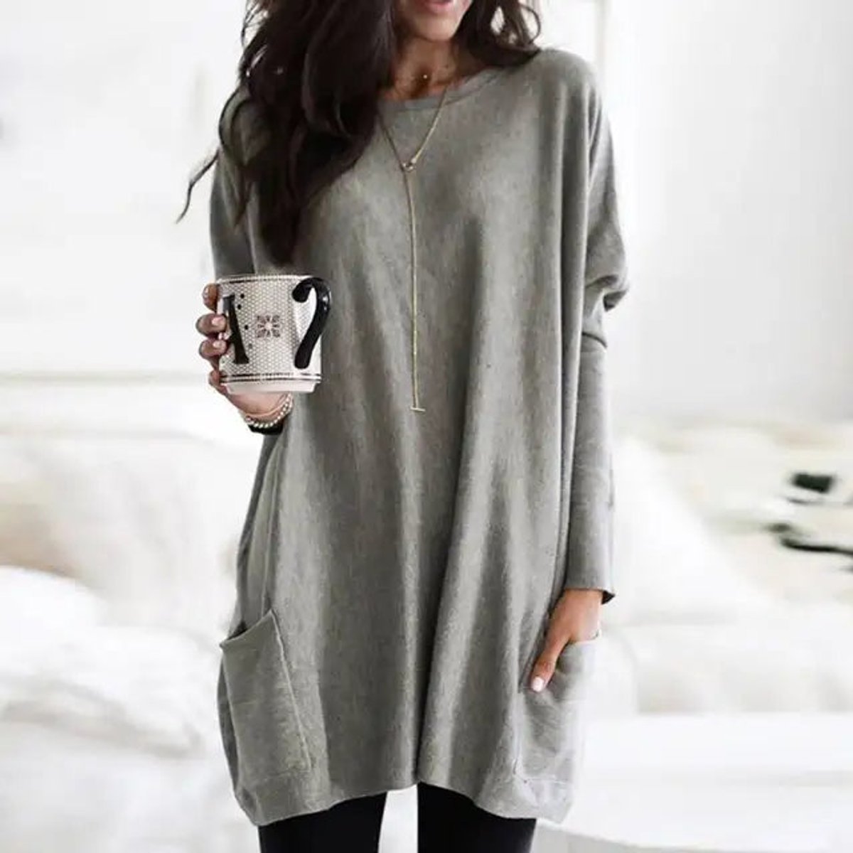 Amelie | Damen Oversized Langarm Tunika mit Taschen Rundhals Pullover