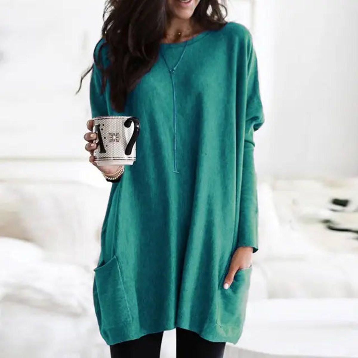 Amelie | Damen Oversized Langarm Tunika mit Taschen Rundhals Pullover