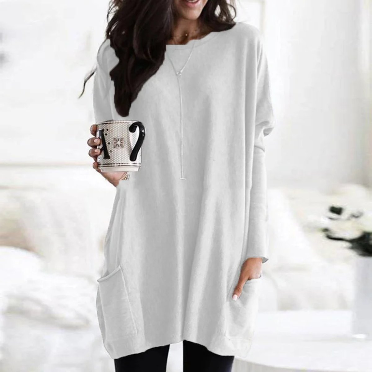 Amelie | Damen Oversized Langarm Tunika mit Taschen Rundhals Pullover