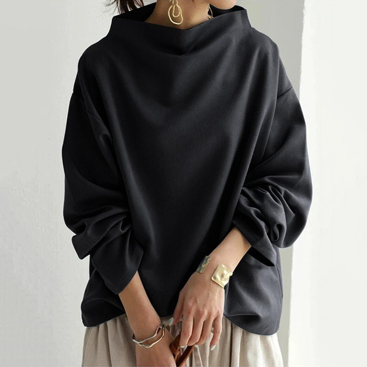 Mia | Damen Oversized Stehkragen Knit Sweater Weicher Strickpullover