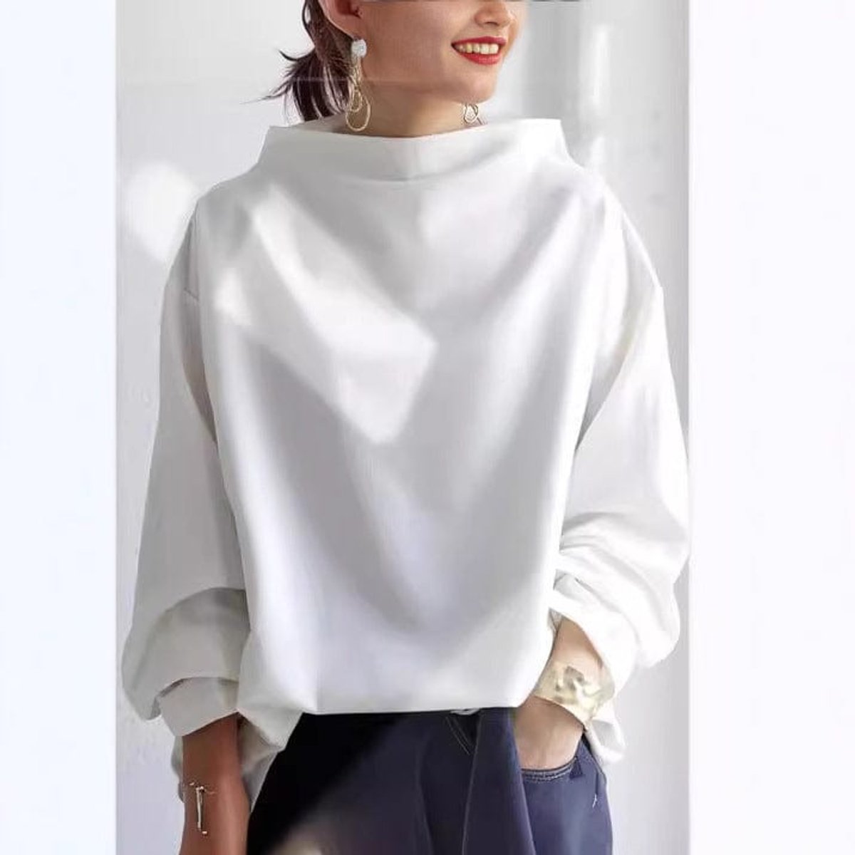 Mia | Damen Oversized Stehkragen Knit Sweater Weicher Strickpullover