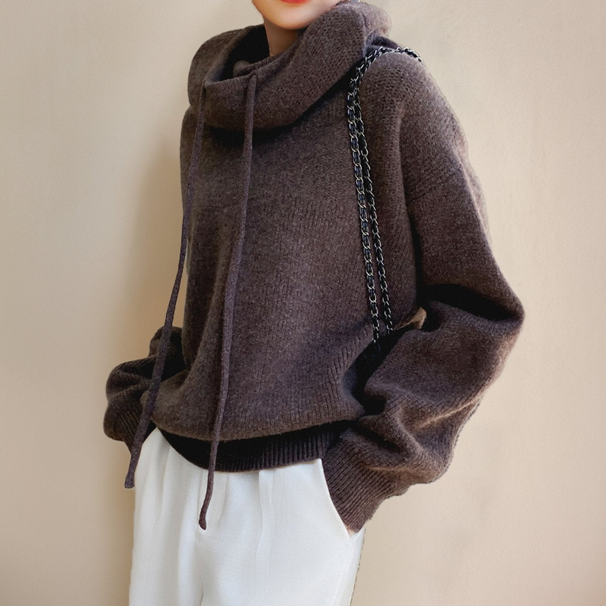 Luisa | Damen Oversized Turtleneck Sweater Kapuze Merinowolle