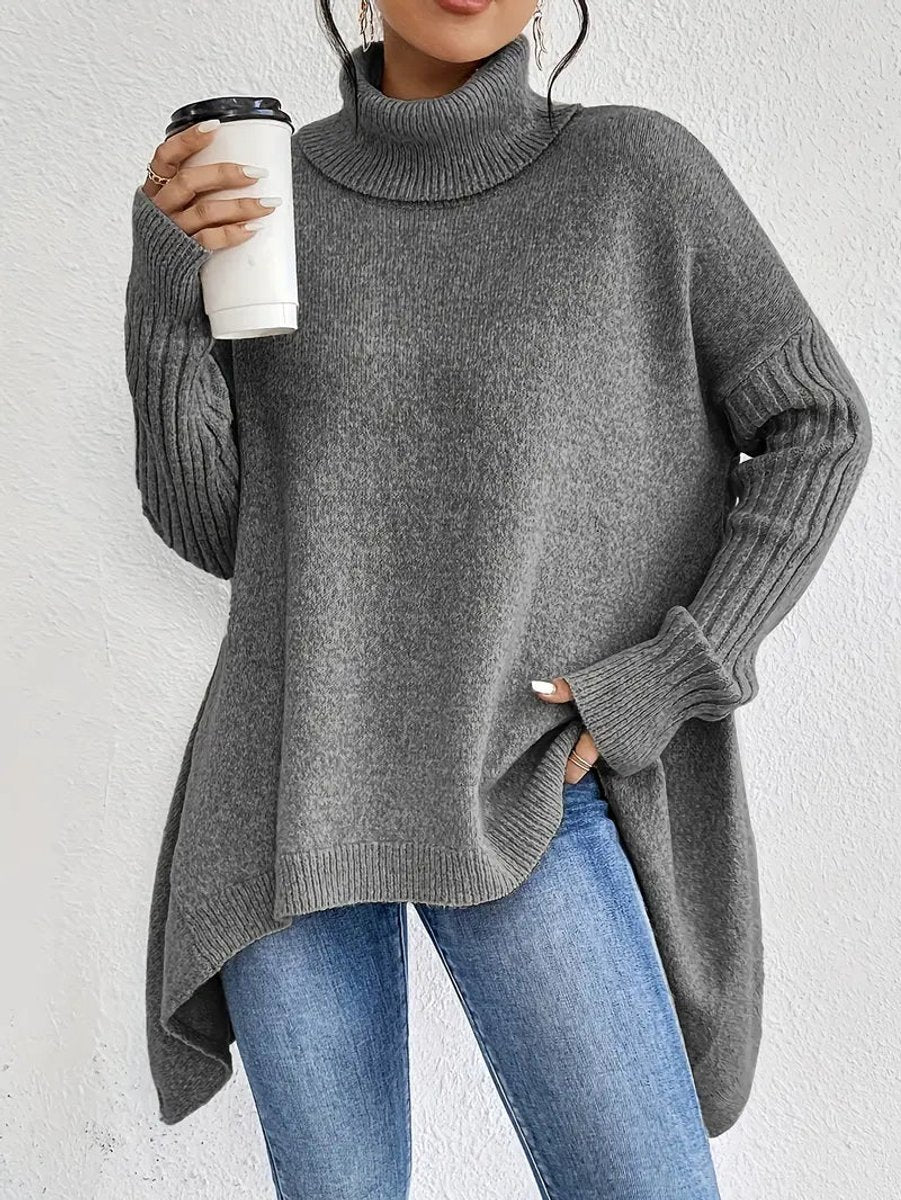 Annika | Damen Oversized Turtleneck Sweater Langer Rollkragenpullover Gerippte Bündchen