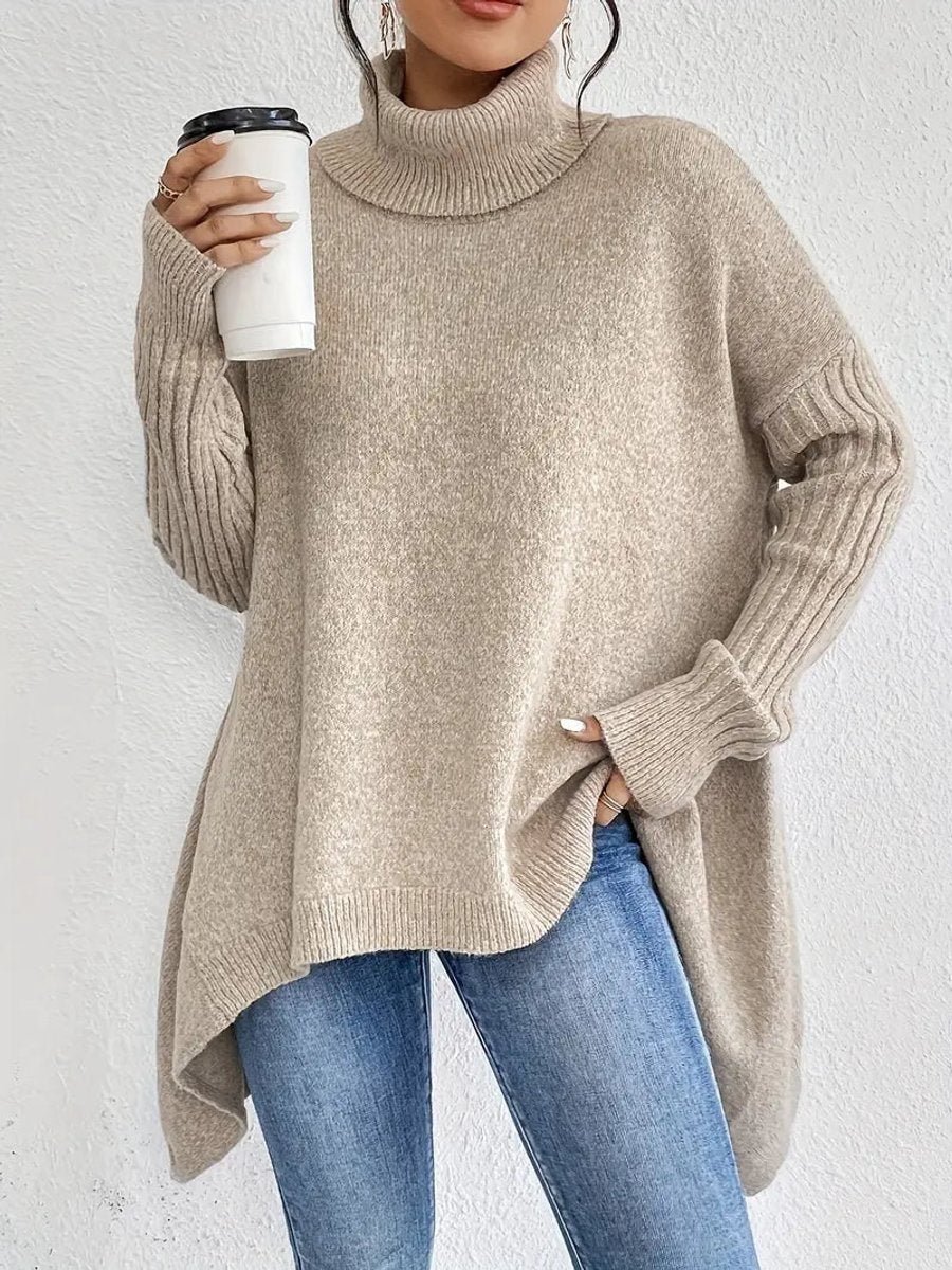 Annika | Damen Oversized Turtleneck Sweater Langer Rollkragenpullover Gerippte Bündchen