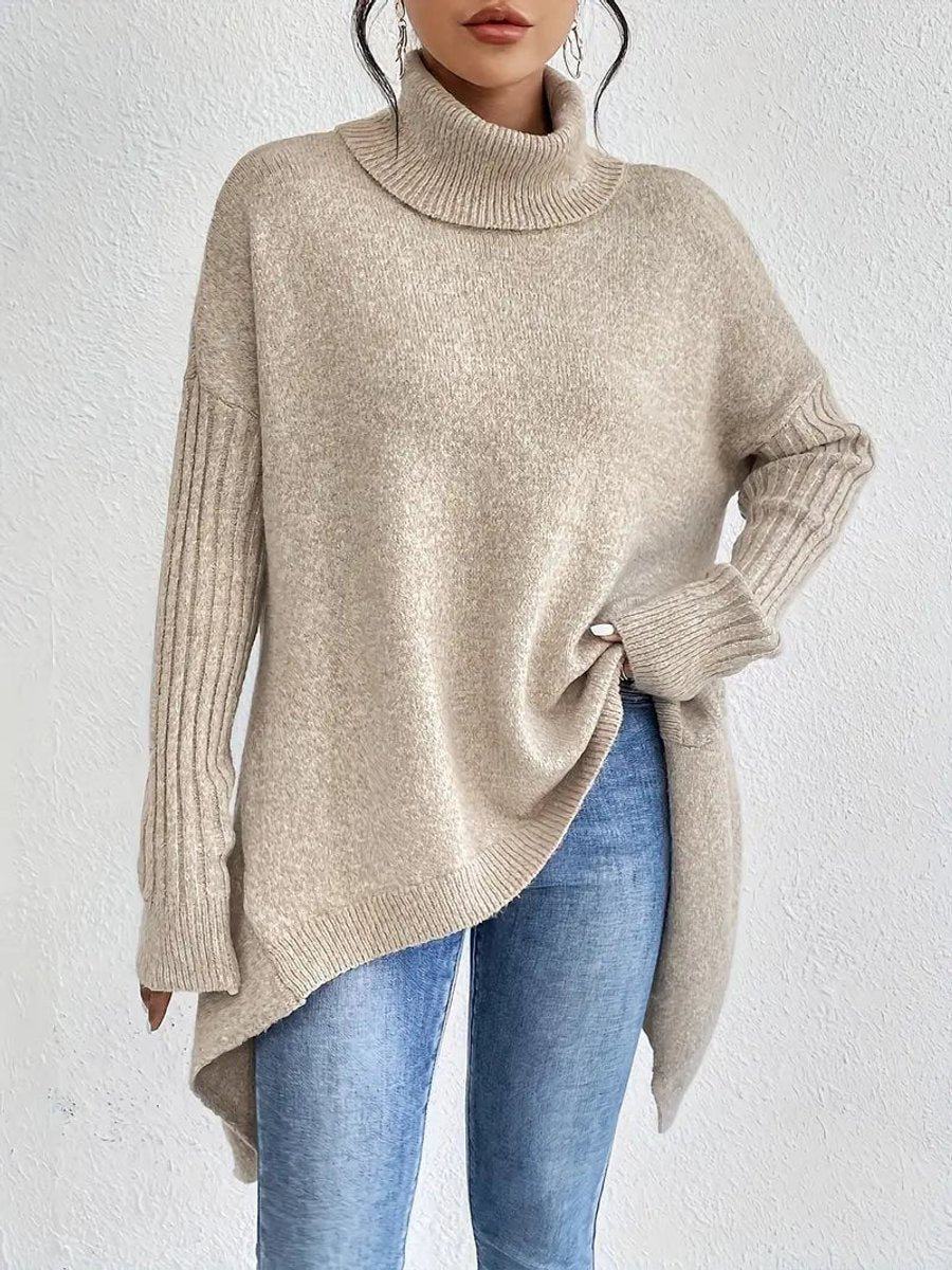 Annika | Damen Oversized Turtleneck Sweater Langer Rollkragenpullover Gerippte Bündchen