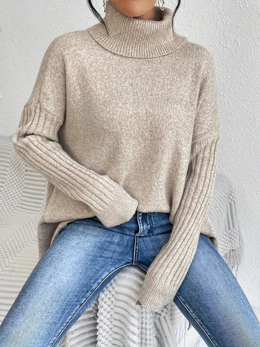 Annika | Damen Oversized Turtleneck Sweater Langer Rollkragenpullover Gerippte Bündchen