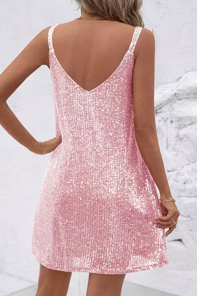 Amelie | Damen Pailletten Abendkleid Ärmellos V-Ausschnitt Mini Cocktailkleid
