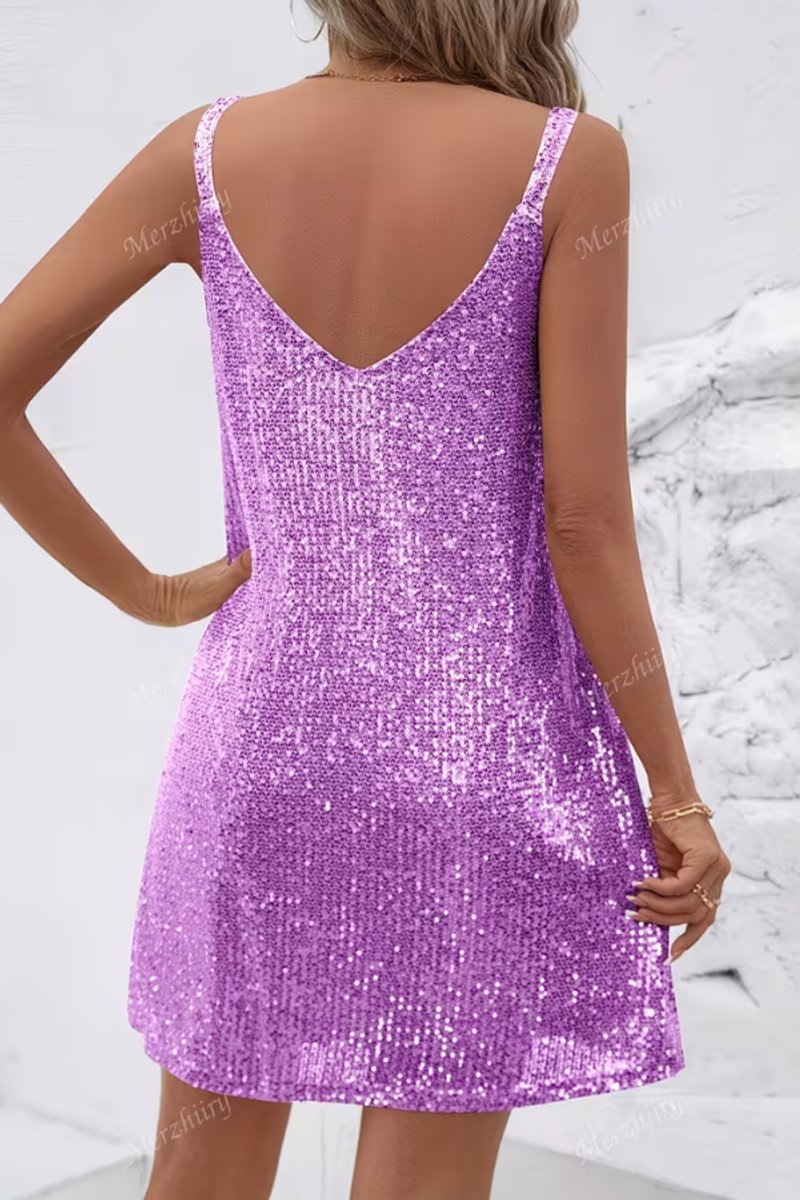 Amelie | Damen Pailletten Abendkleid Ärmellos V-Ausschnitt Mini Cocktailkleid
