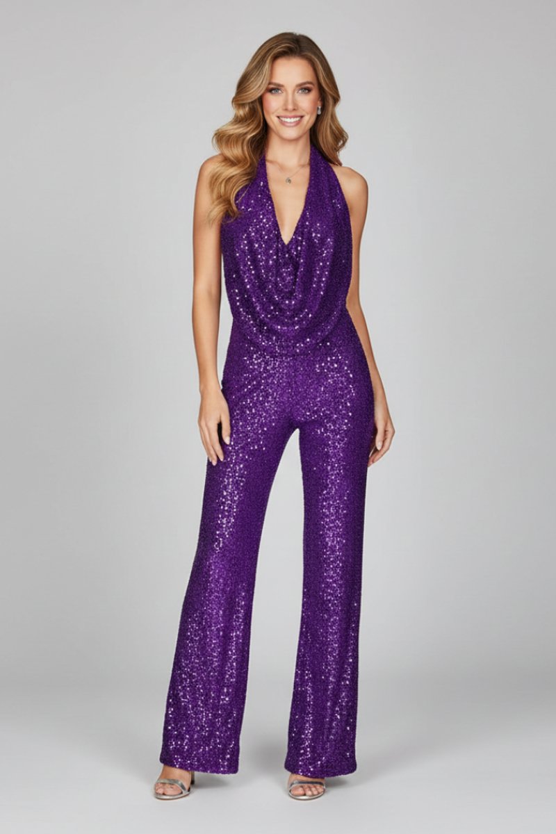 Annika | Damen Pailletten Jumpsuit Weites Bein Neckholder Wasserfall-Ausschnitt