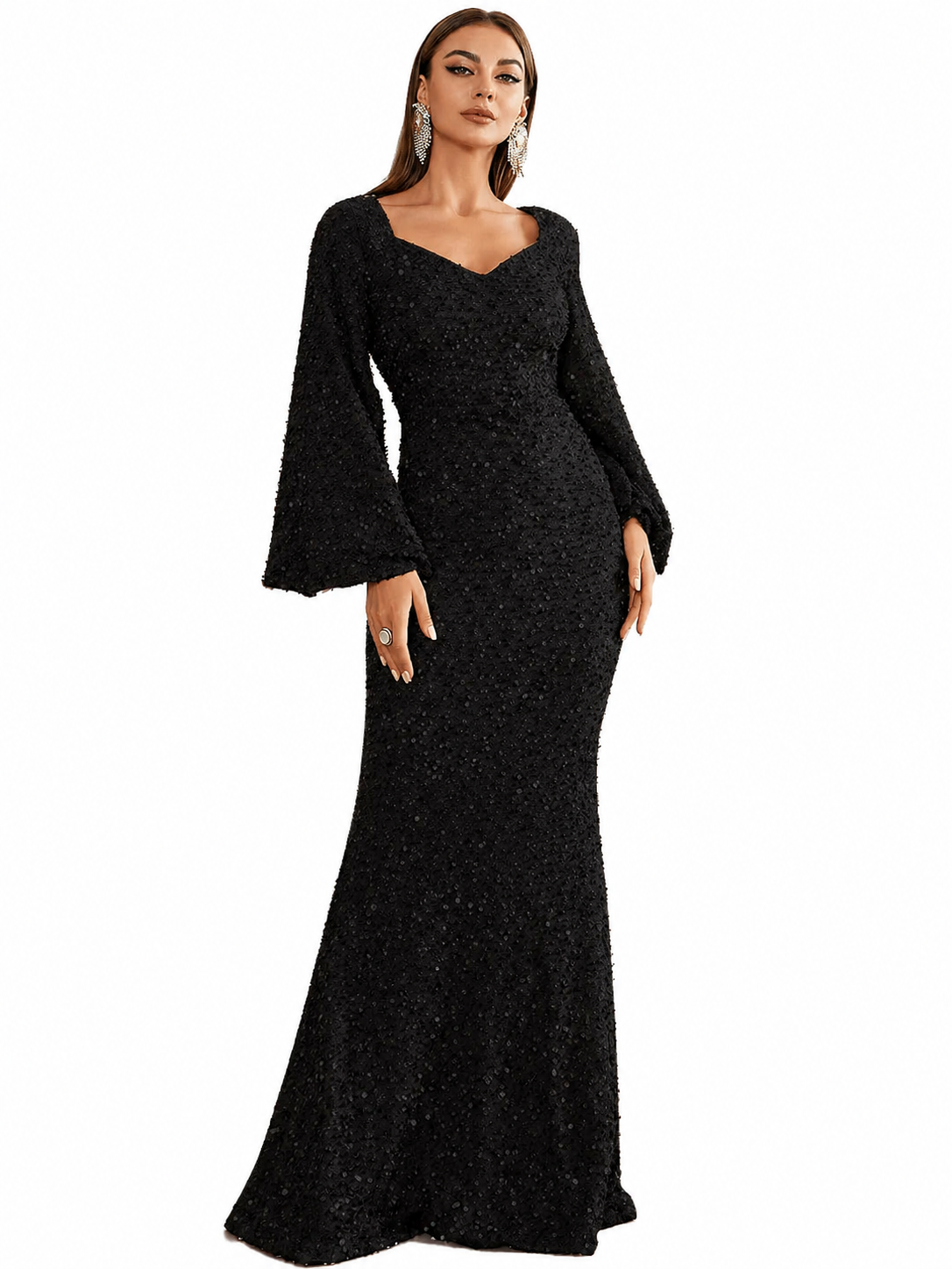 Damen Pailletten-Maxikleid mit V-Ausschnitt und Ausgestellten Ärmeln