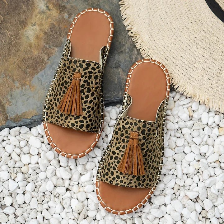 Amelie | Damen Pantoletten Ethno-Muster Quasten Flach Bequem