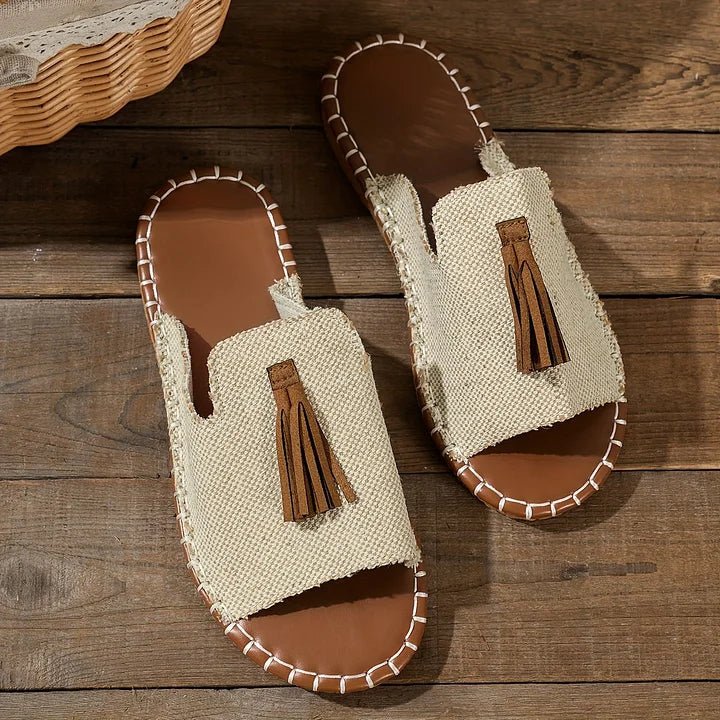Amelie | Damen Pantoletten Ethno-Muster Quasten Flach Bequem