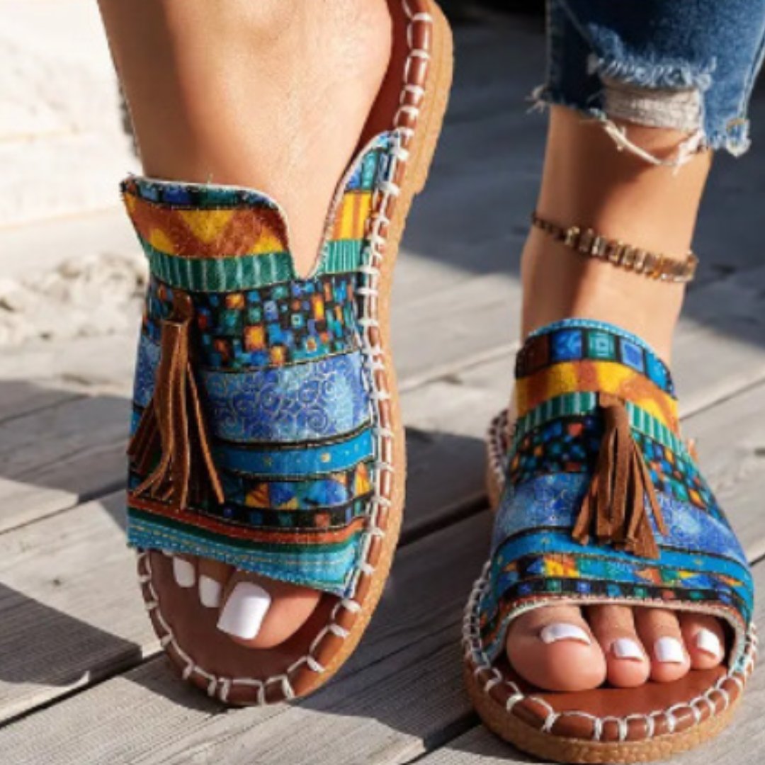 Amelie | Damen Pantoletten Ethno-Muster Quasten Flach Bequem