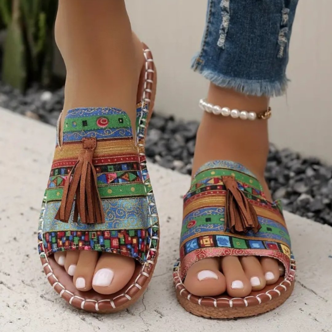 Amelie | Damen Pantoletten Ethno-Muster Quasten Flach Bequem