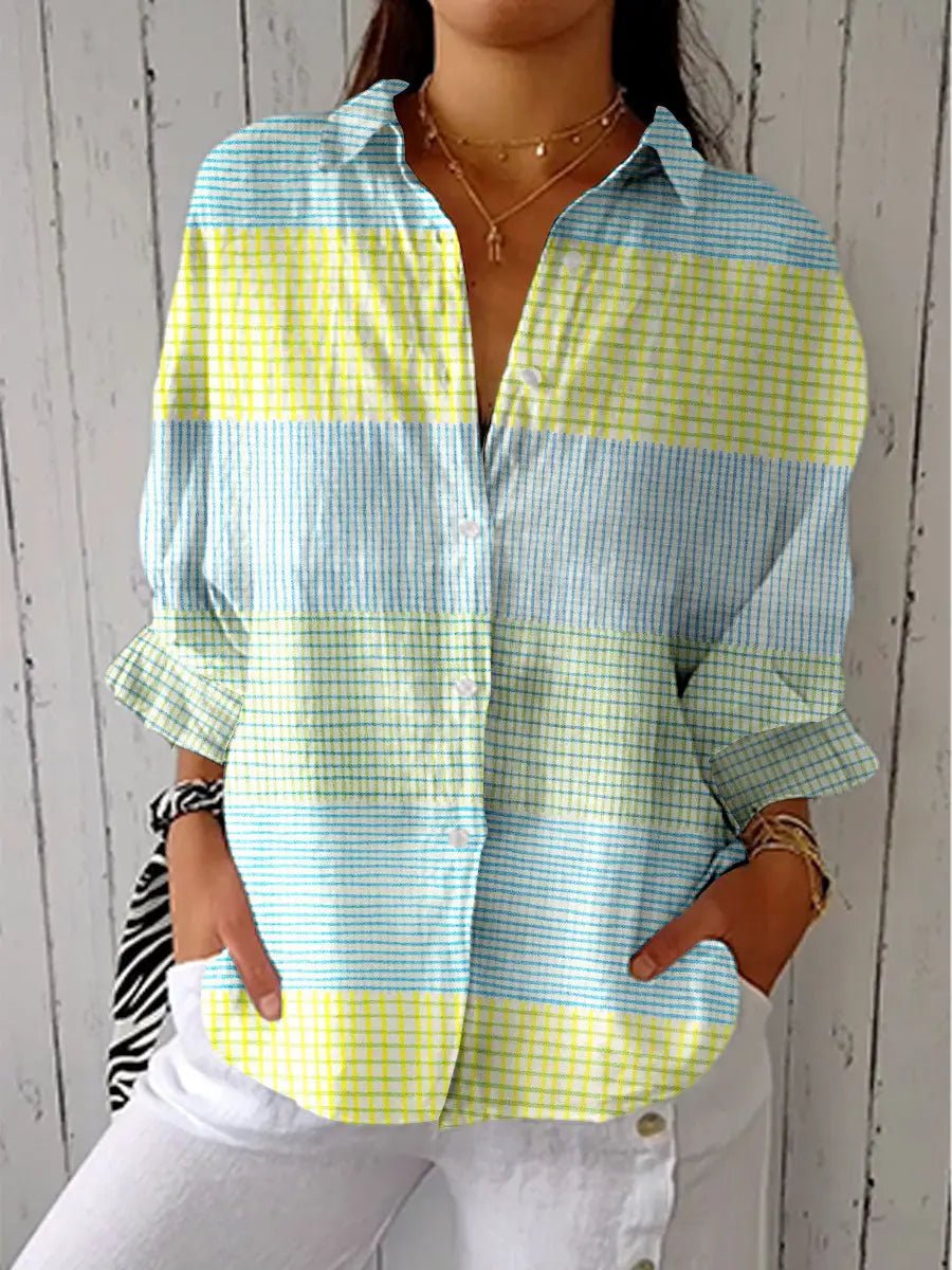 Frieda | Damen Pastellkarierte Langarm-Bluse mit Knopfleiste Relaxed-Fit