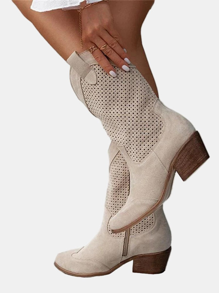 Luisa | Damen Perforierte Kniehohe Stiefel Westernstil Blockabsatz