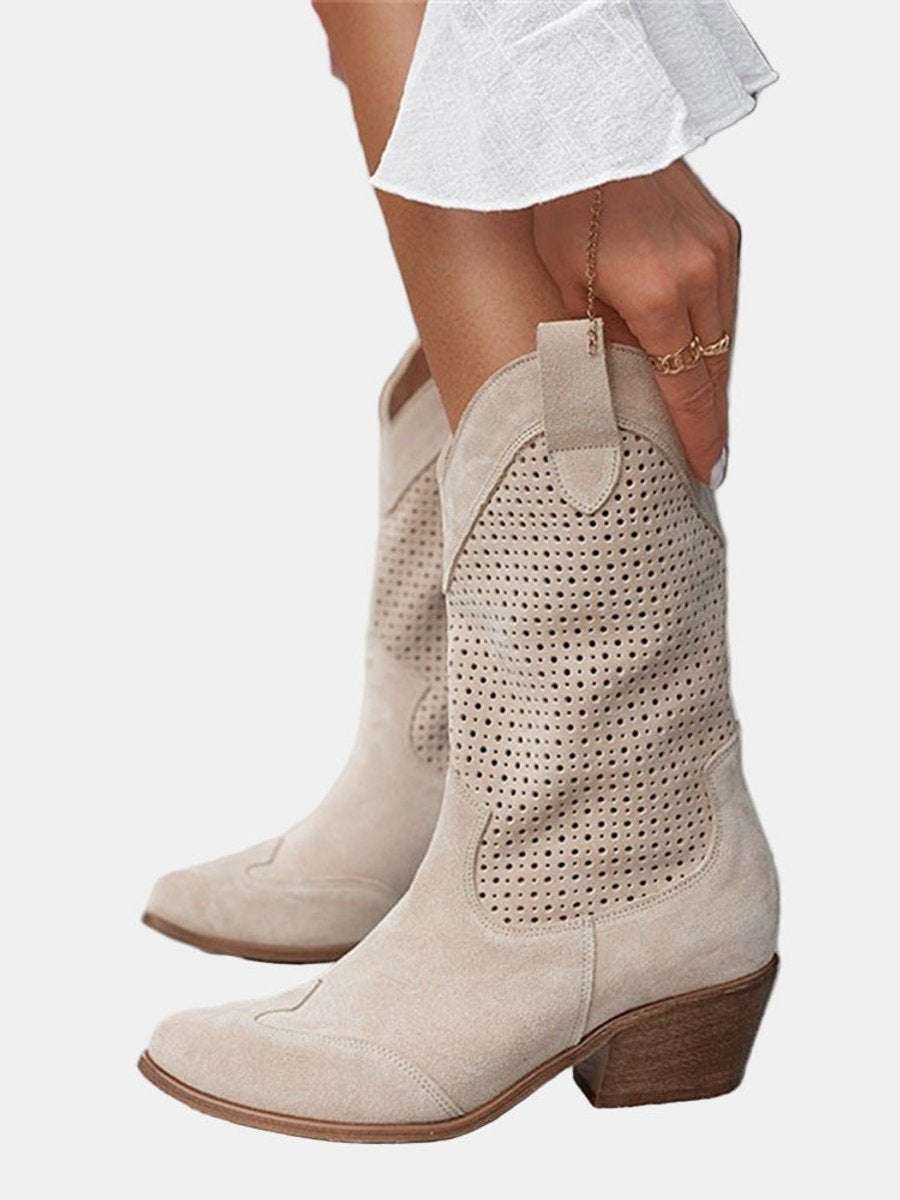 Luisa | Damen Perforierte Kniehohe Stiefel Westernstil Blockabsatz