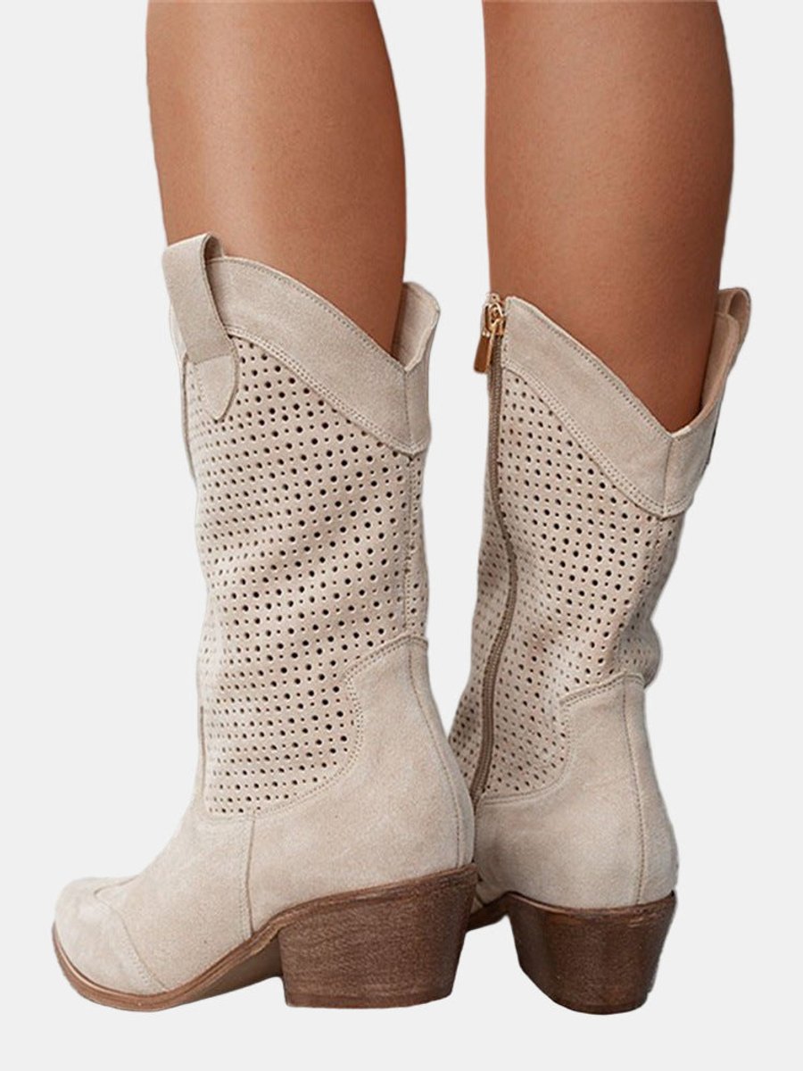 Luisa | Damen Perforierte Kniehohe Stiefel Westernstil Blockabsatz