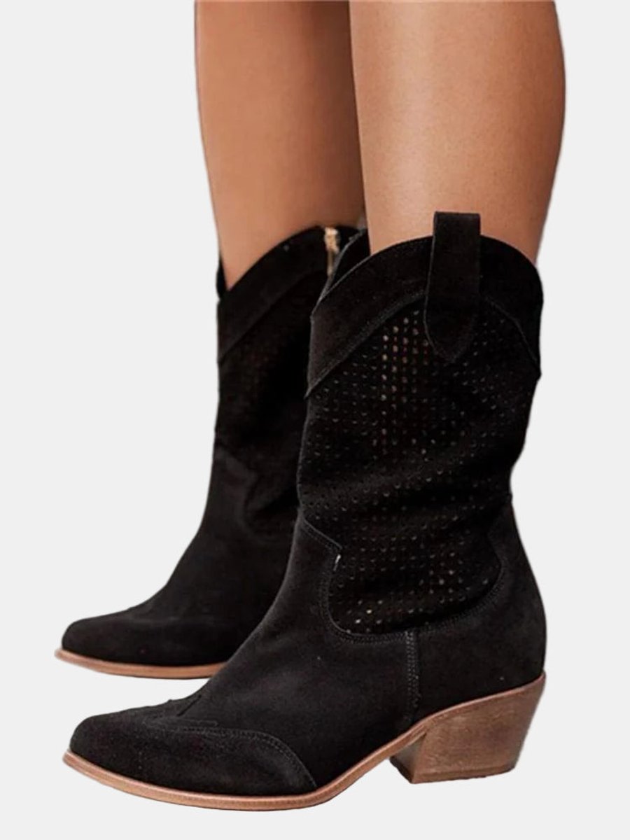 Luisa | Damen Perforierte Kniehohe Stiefel Westernstil Blockabsatz