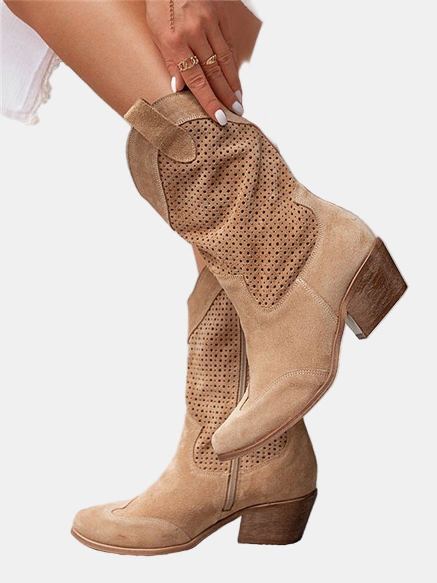 Luisa | Damen Perforierte Kniehohe Stiefel Westernstil Blockabsatz