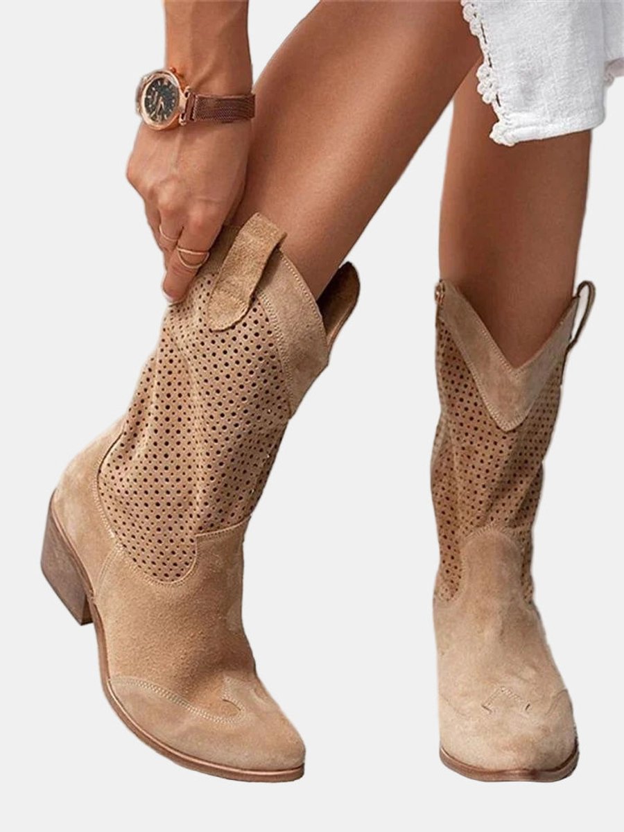 Luisa | Damen Perforierte Kniehohe Stiefel Westernstil Blockabsatz