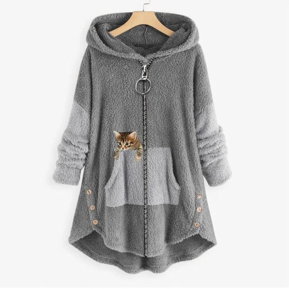 Elisabeth | Damen Plüsch Hoodie Pullover weicher Fleece-Reißverschluss-Sweatshirt mit Katzenmotiv