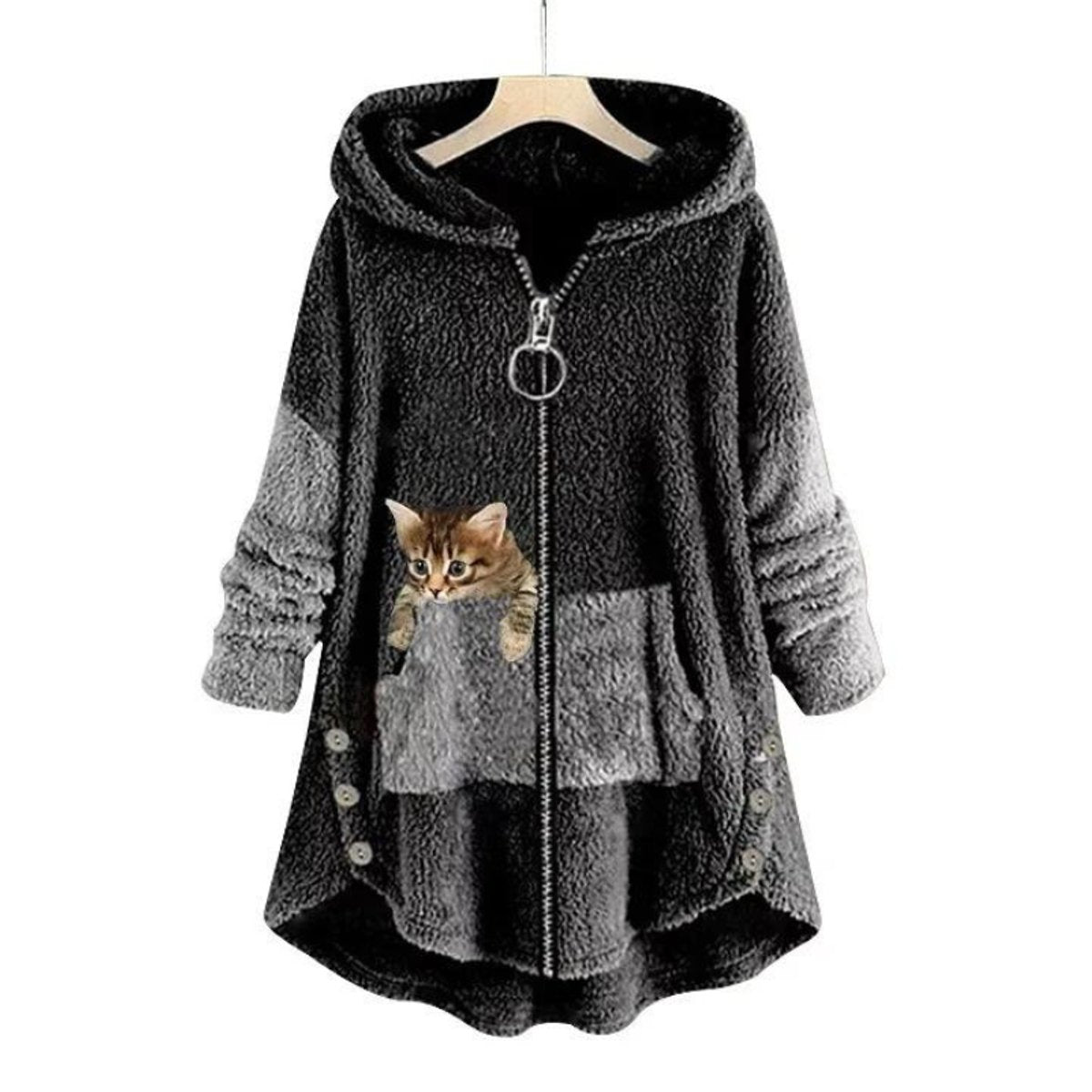 Elisabeth | Damen Plüsch Hoodie Pullover weicher Fleece-Reißverschluss-Sweatshirt mit Katzenmotiv