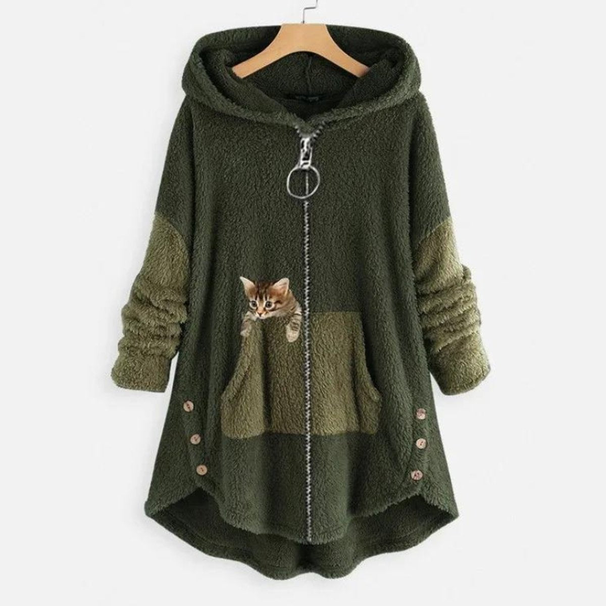 Elisabeth | Damen Plüsch Hoodie Pullover weicher Fleece-Reißverschluss-Sweatshirt mit Katzenmotiv